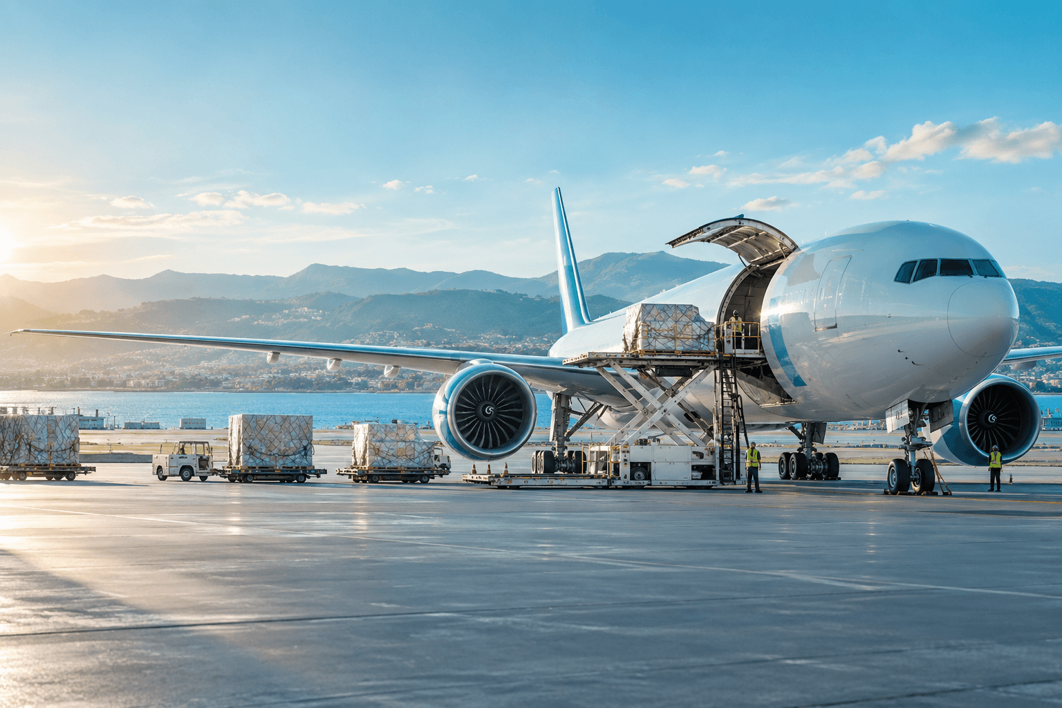 Avion cargo moderne en cours de chargement avec du fret et du personnel au sol
